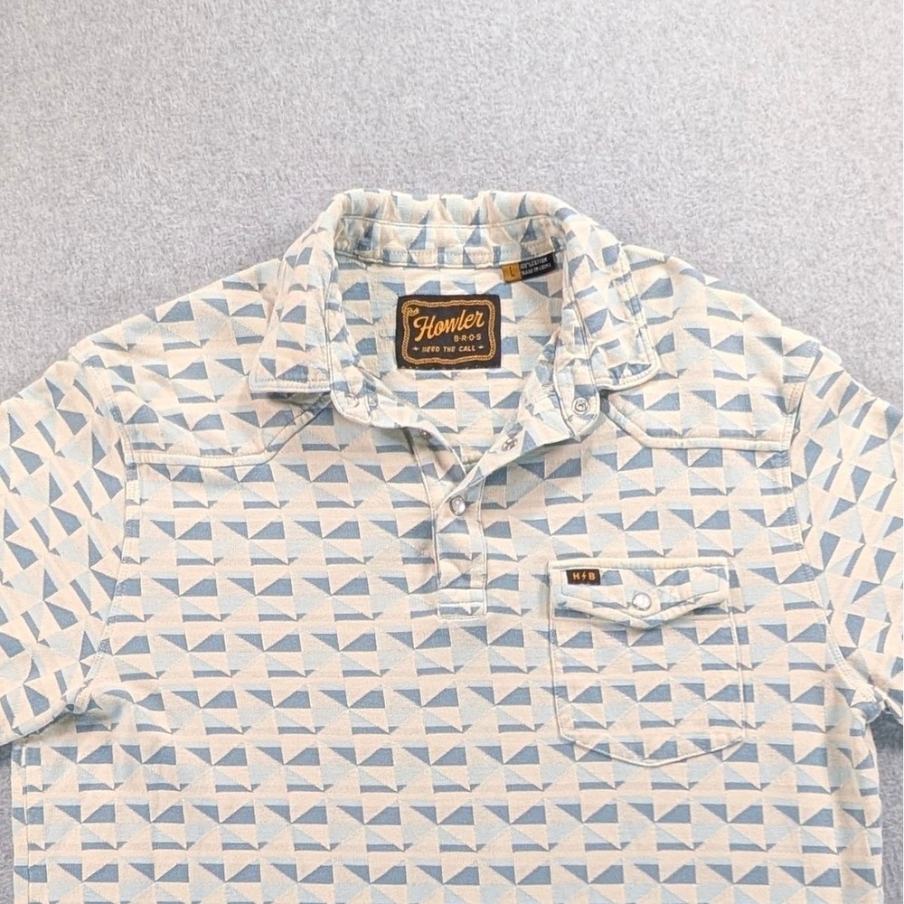 Howler Brothers Mens Large Blue Geometric Snap Polo Shirt Short Sleeve L 21x28